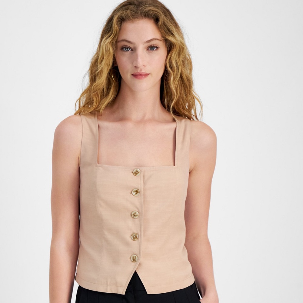 Beige Button-Up Sleeveless Top and Wide Leg High Rise Coordinating Pants